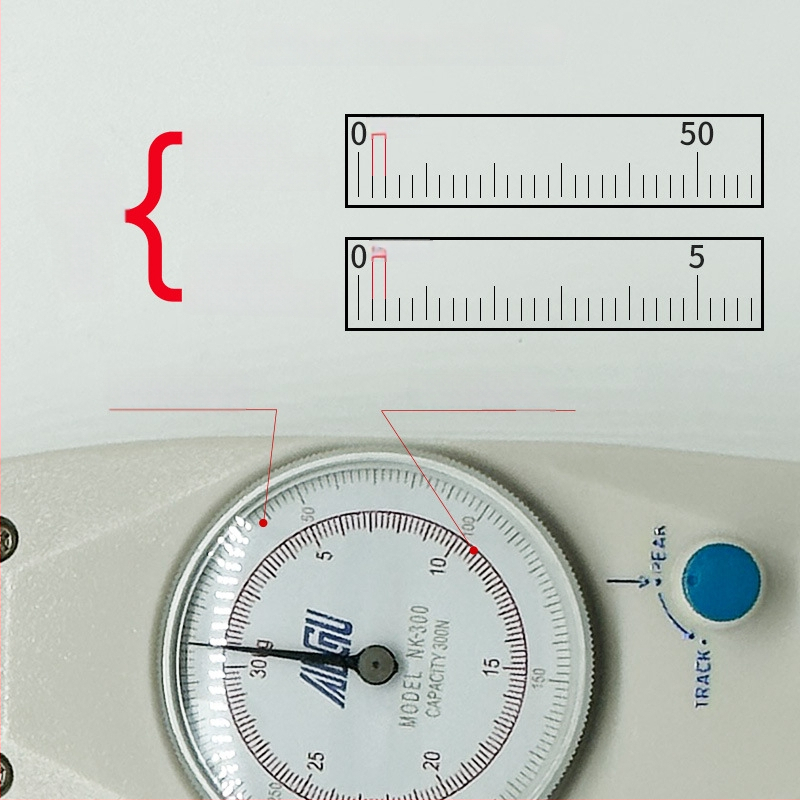 Aigu ukazovateľový merací prístroj sily NK-10–NK-500; zariadenie na meranie sily s ukazovateľom, rozsah merania 10–50, presnosť ±0,5%.