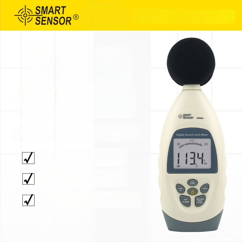 AR844 Digitálny hlukomer s rozsahom 30-130 dB, presnosť ±1,5 dB, prevádzková teplota 0-50 °C