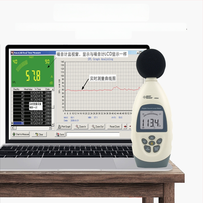 AR844 Digitálny hlukomer s rozsahom 30-130 dB, presnosť ±1,5 dB, prevádzková teplota 0-50 °C