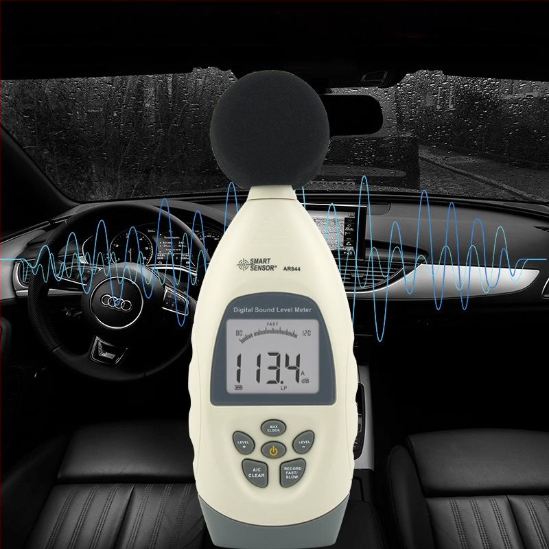 AR844 Digitálny hlukomer s rozsahom 30-130 dB, presnosť ±1,5 dB, prevádzková teplota 0-50 °C