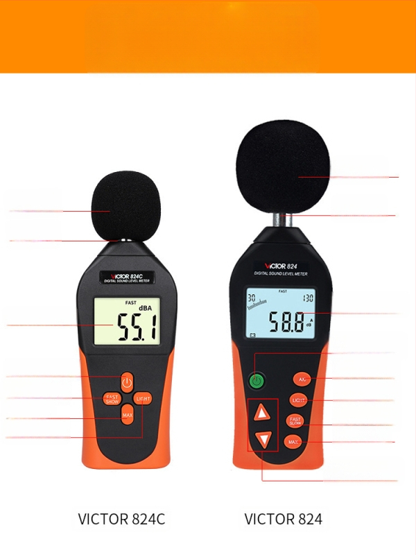 Digitálny hlukomer VC824/VC824C | kompaktný merací prístroj hluku | rozsah 130 dB, presnosť 0.1, rozlíšenie 0.1