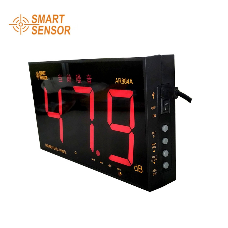 Shendawei AR884A digitálny merací prístroj hluku na stenu, rozsah 30–130 dB, presnosť ±1.5 dB, rozlíšenie 0.1 dB, prevádzková teplota 0–40°C