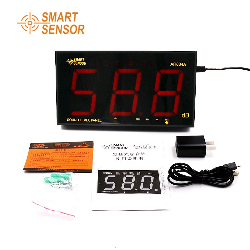 Shendawei AR884A digitálny merací prístroj hluku na stenu, rozsah 30–130 dB, presnosť ±1.5 dB, rozlíšenie 0.1 dB, prevádzková teplota 0–40°C