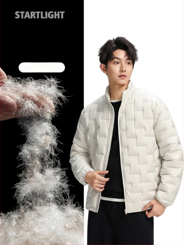 Pánska ľahká prešívaná bunda s stojatým golierom, nepremokavá a vetruodolná, výplň 600, biely kačací páper 86–90%