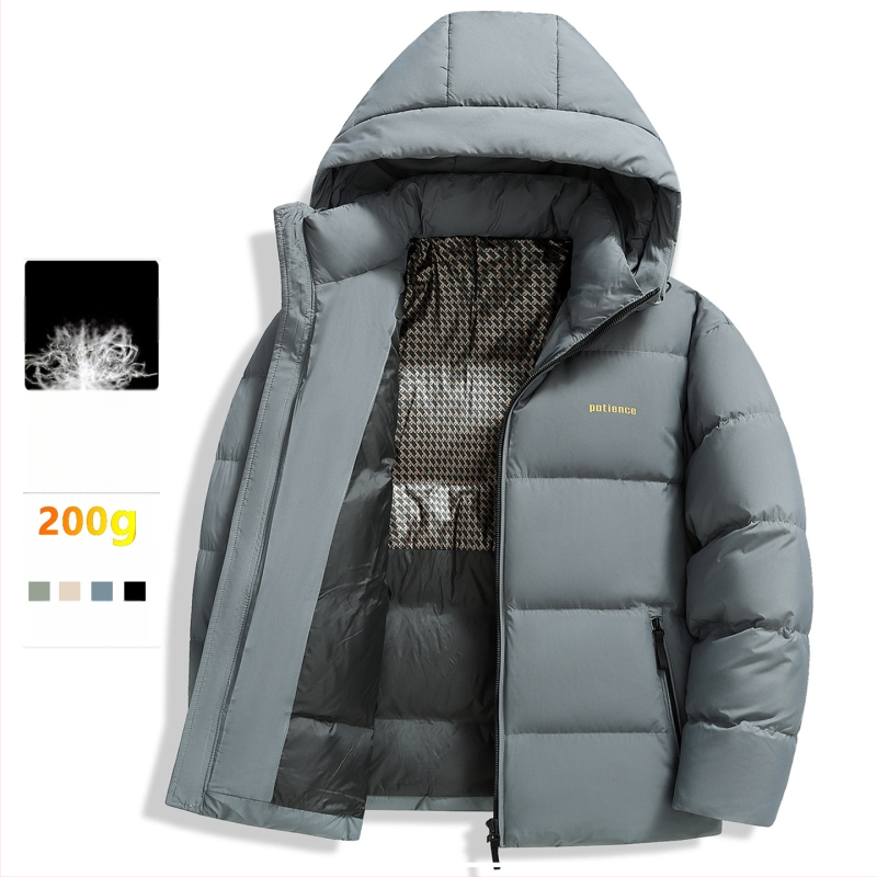 Pánska zimná bunda s kačacím páperím, výplň 650, podiel peria 86–90%, s kapucňou a zipsom, mäkká polyesterová tkanina