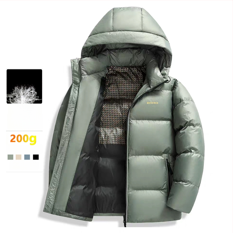 Pánska zimná bunda s kačacím páperím, výplň 650, podiel peria 86–90%, s kapucňou a zipsom, mäkká polyesterová tkanina