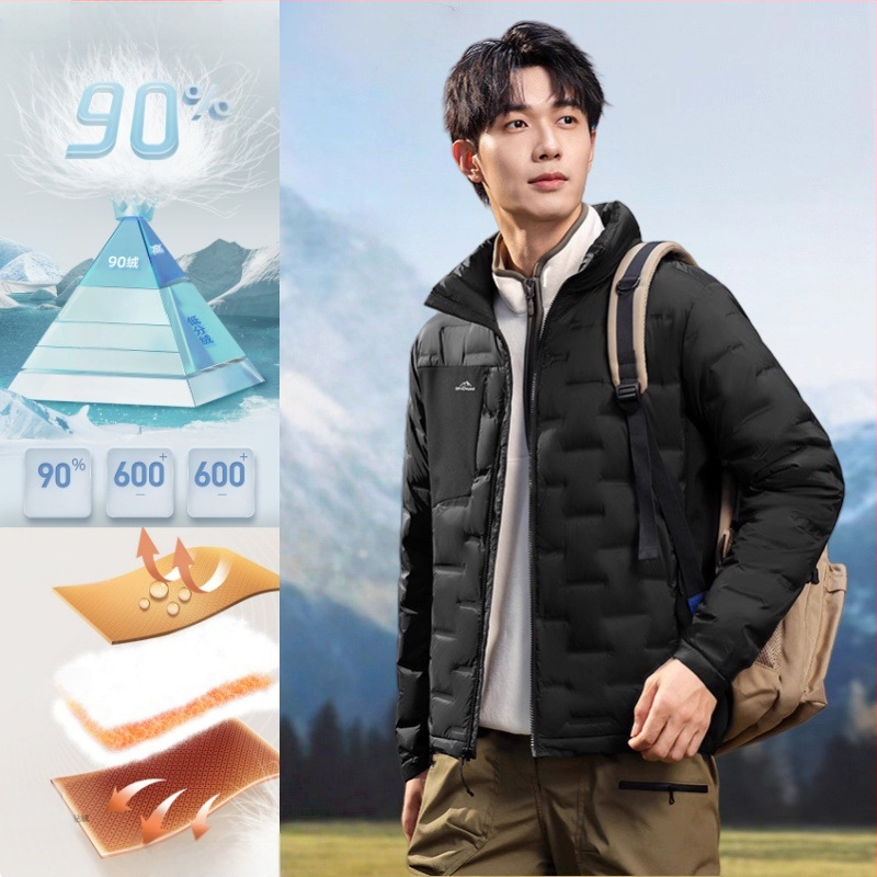 Meeste kerge sulejope, lühike lõige, stand-up krae, täidis valge pardi sule, Fill Power 550, sulede sisaldus 91–95%