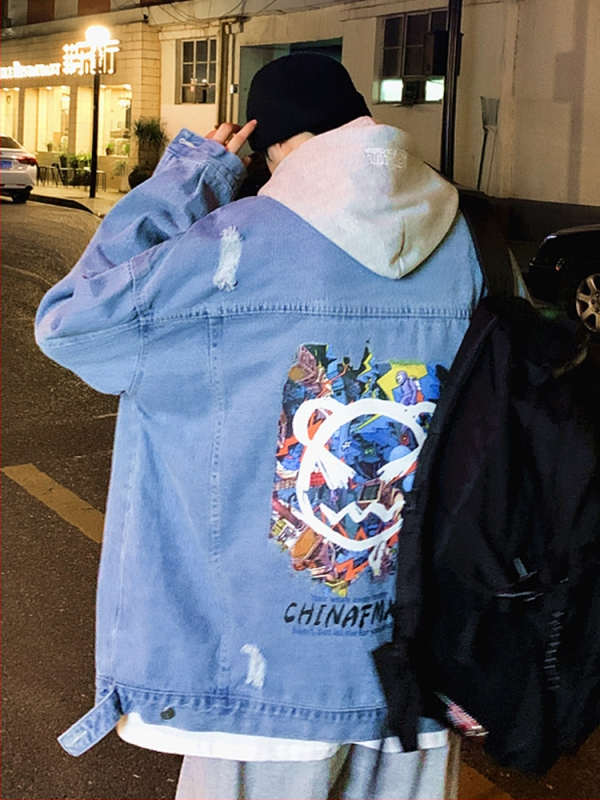 Meeste teksariidist-jakk, Korea stiil, vaba lõige, lapi kaelus, ühe nööbi sulgemine, kevad-sügis