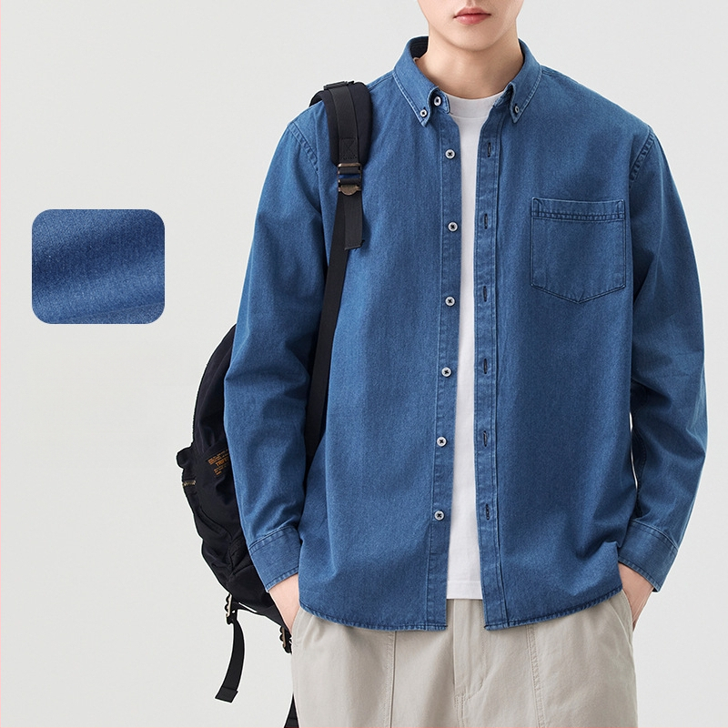 Denim pikkade varrukatega särk, ruudukujuline kaelus, 100% puuvill, jaapani kardigaani stiil