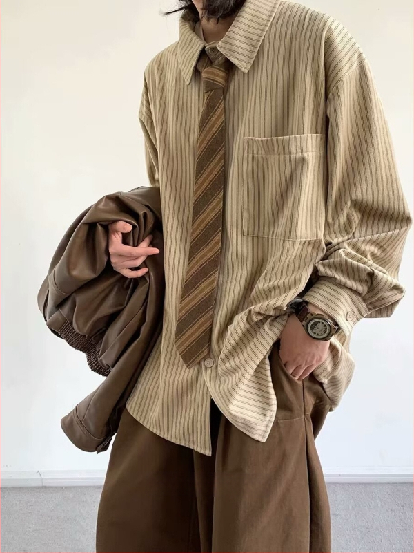 Puuvillane triibuline särk-jakk jaapani retro stiilis, vaba lõige, pikad varrukad, tasku detail