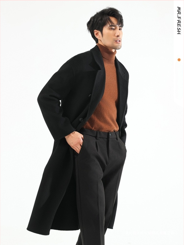 Pánsky zimný kabát v kórejskom štýle voľného strihu, dvojradové zapínanie, 100% vlna