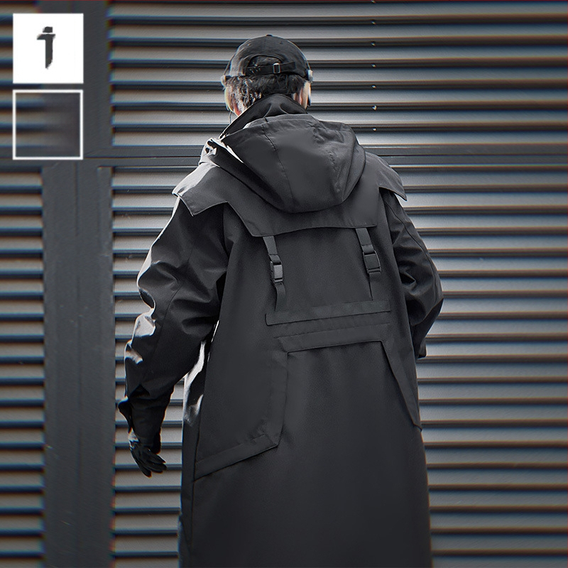 Dlhý pánsky windbreaker s dvojitým zipsom a kapucňou, voľný strih, polyesterový materiál