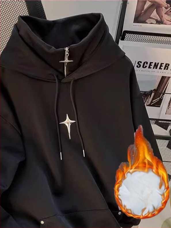 Koreapärase stiiliga kapuutsiga fleece-pusero, ümmarguse kaelusega, raske fleece, 96% polüester, 400 g+