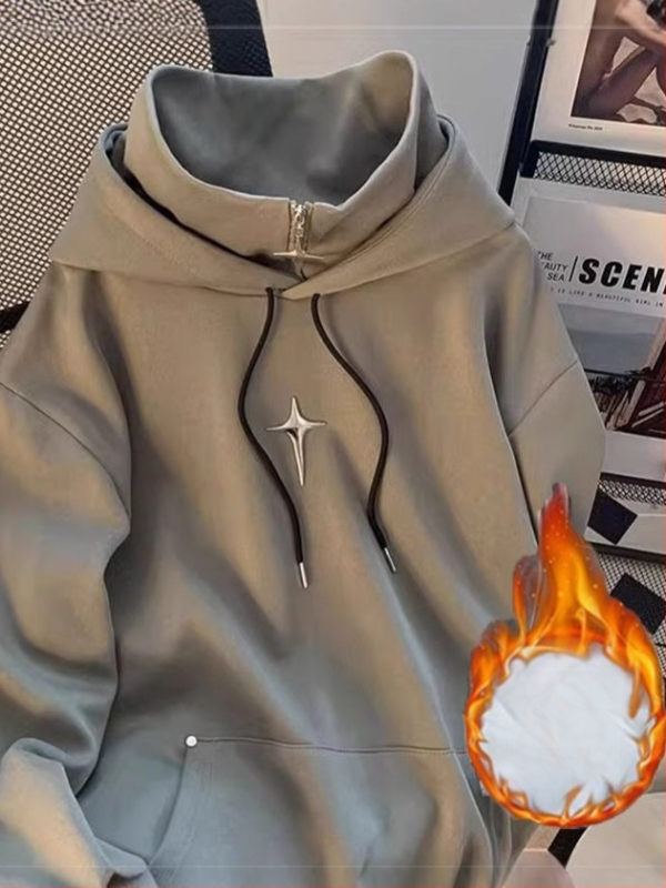 Koreapärase stiiliga kapuutsiga fleece-pusero, ümmarguse kaelusega, raske fleece, 96% polüester, 400 g+