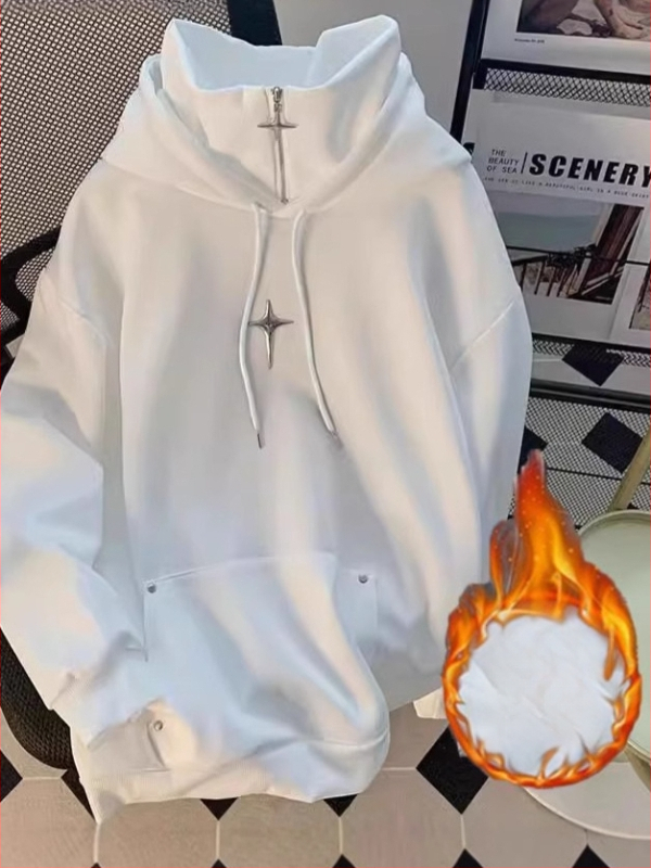 Koreapärase stiiliga kapuutsiga fleece-pusero, ümmarguse kaelusega, raske fleece, 96% polüester, 400 g+