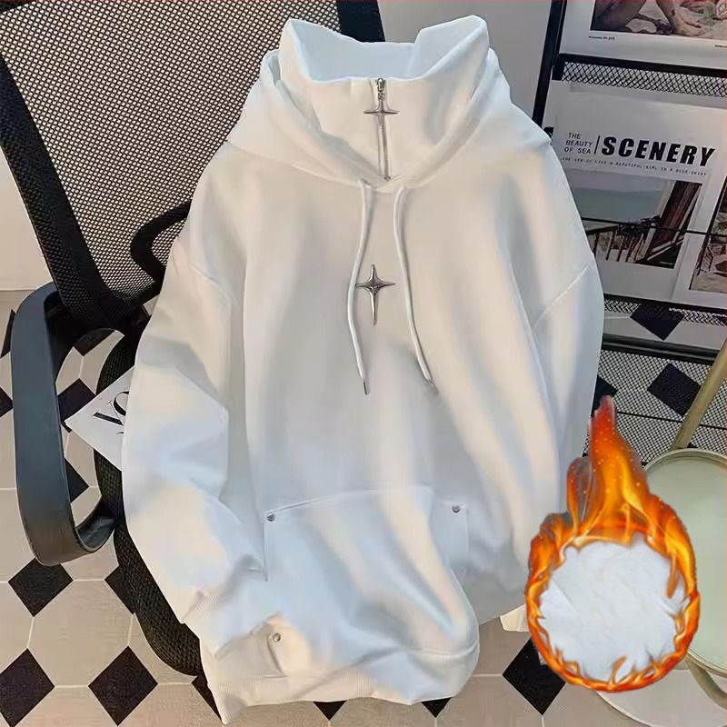 Koreapärase stiiliga kapuutsiga fleece-pusero, ümmarguse kaelusega, raske fleece, 96% polüester, 400 g+