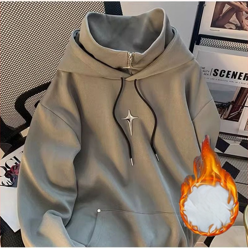 Koreapärase stiiliga kapuutsiga fleece-pusero, ümmarguse kaelusega, raske fleece, 96% polüester, 400 g+