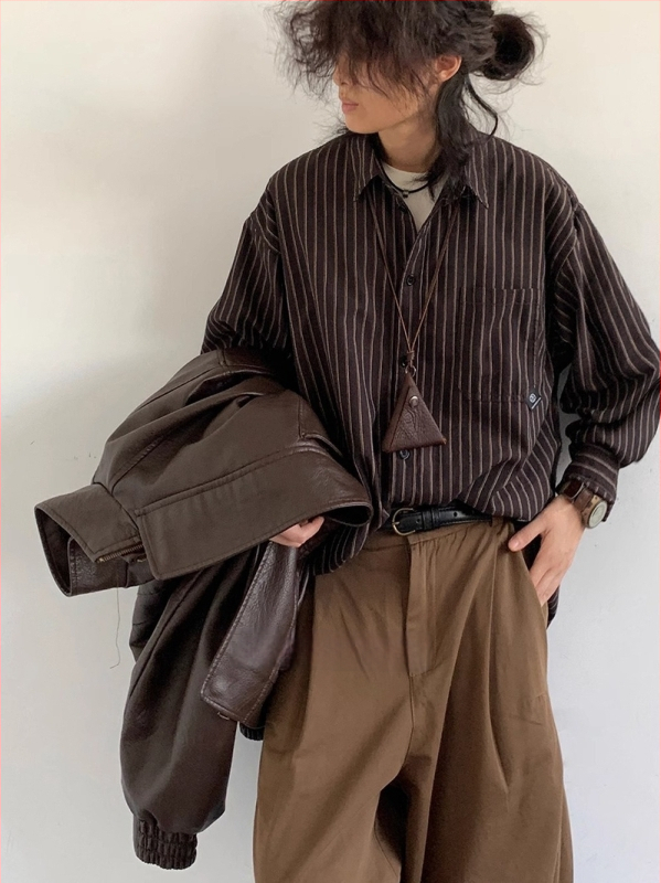 Meeste triibuline pikkade varrukatega särk jaapani retro stiilis, vaba lõige, polüester, krae, kardigaani inspiratsioon