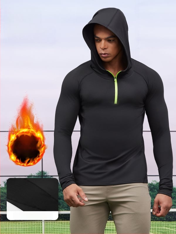 Мъжки поларен суитшърд с качулка и половин цип – слим фит, ветроустойчив, есенно-зимен модел (88% полиестерна смес; 12% полиестерна подплата)