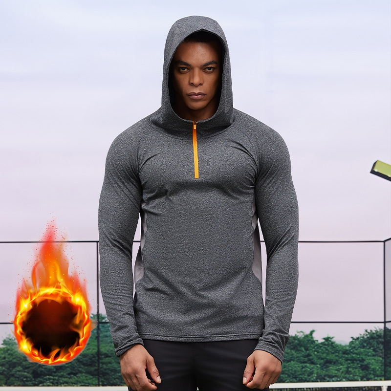 Мъжки поларен суитшърд с качулка и половин цип – слим фит, ветроустойчив, есенно-зимен модел (88% полиестерна смес; 12% полиестерна подплата)