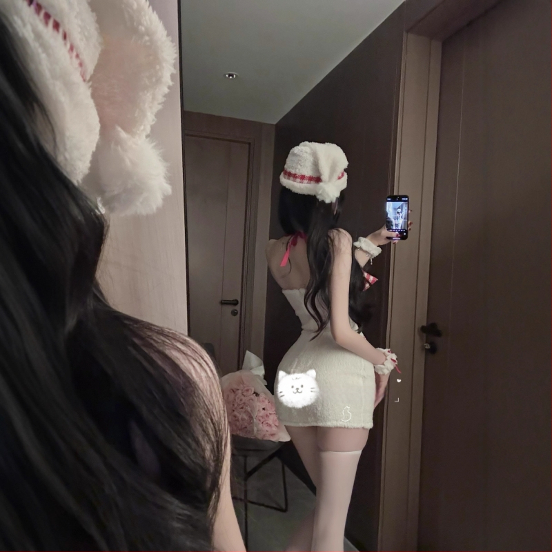 Ženska božićna haljina s plišastom čipkom, halter oko vrata, jedno rame, tijelo-fit mini haljina