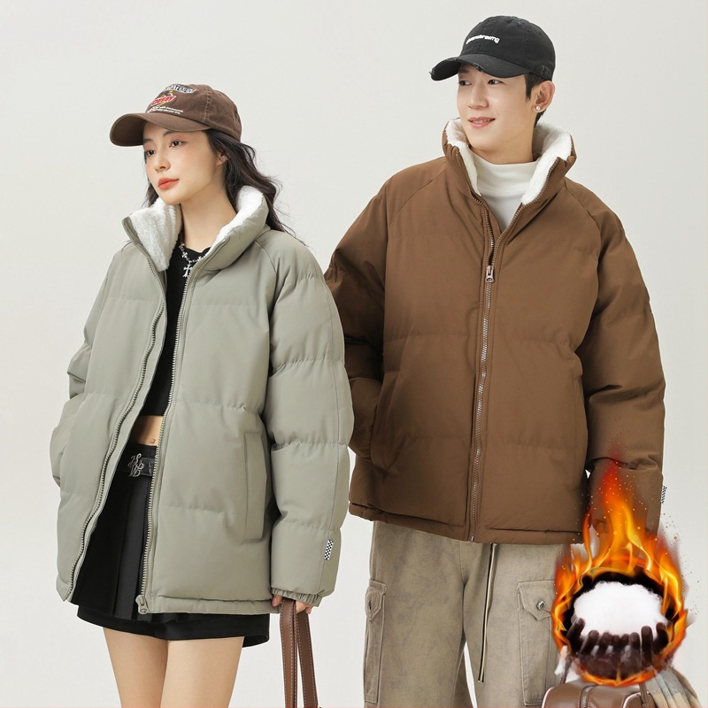 Unisex kabát s výplňou polyester-pamäť, korejského štýlu kardigán, voľný strih, zips, stojací golier, jednofarebný, teplý na zimu, podšívka polyester