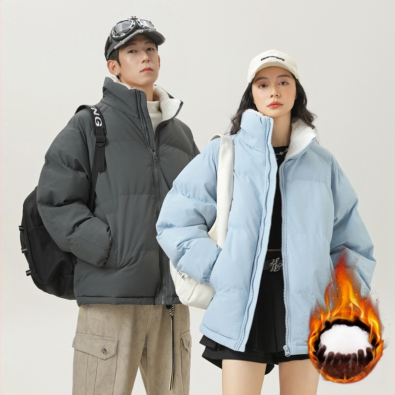 Unisex kabát s výplňou polyester-pamäť, korejského štýlu kardigán, voľný strih, zips, stojací golier, jednofarebný, teplý na zimu, podšívka polyester