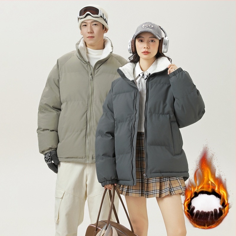 Unisex kabát s výplňou polyester-pamäť, korejského štýlu kardigán, voľný strih, zips, stojací golier, jednofarebný, teplý na zimu, podšívka polyester