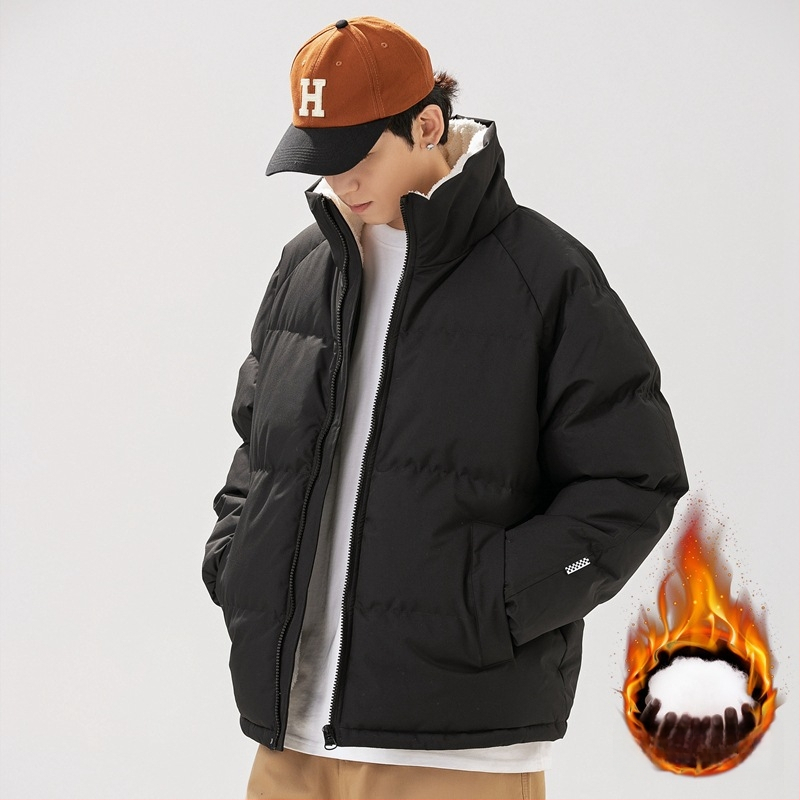 Unisex kabát s výplňou polyester-pamäť, korejského štýlu kardigán, voľný strih, zips, stojací golier, jednofarebný, teplý na zimu, podšívka polyester