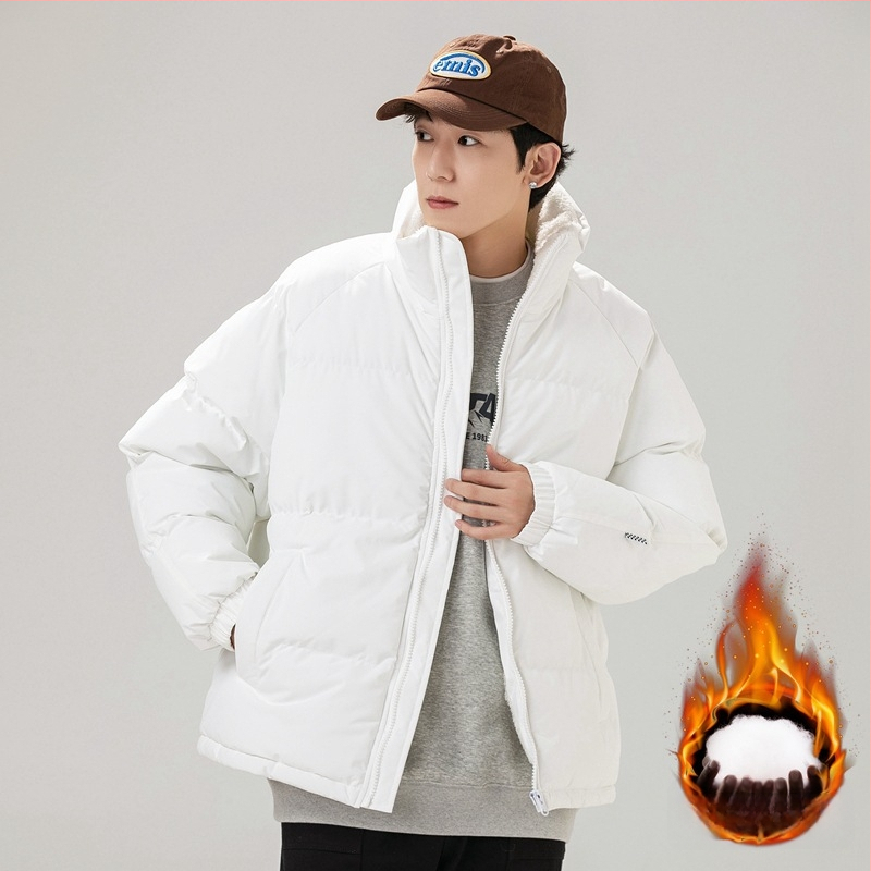 Unisex kabát s výplňou polyester-pamäť, korejského štýlu kardigán, voľný strih, zips, stojací golier, jednofarebný, teplý na zimu, podšívka polyester