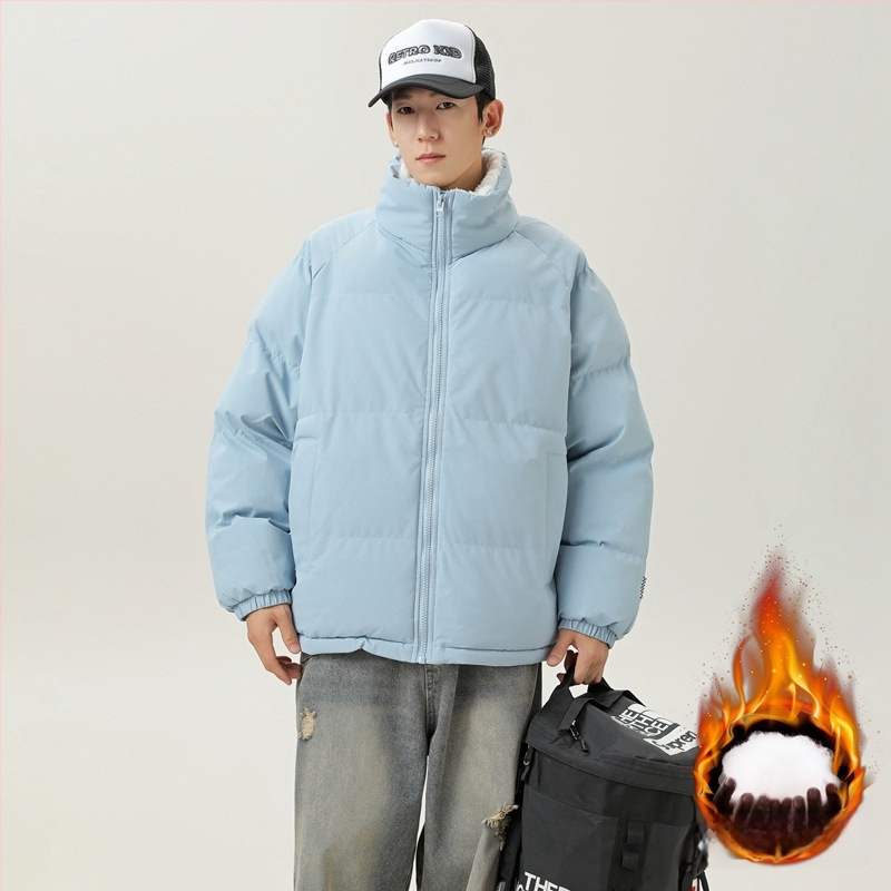 Unisex kabát s výplňou polyester-pamäť, korejského štýlu kardigán, voľný strih, zips, stojací golier, jednofarebný, teplý na zimu, podšívka polyester