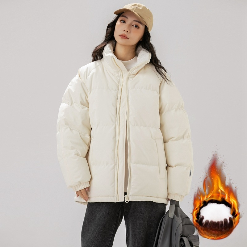 Unisex kabát s výplňou polyester-pamäť, korejského štýlu kardigán, voľný strih, zips, stojací golier, jednofarebný, teplý na zimu, podšívka polyester