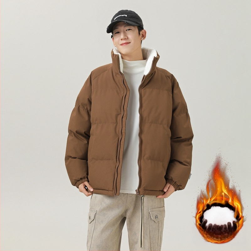 Unisex kabát s výplňou polyester-pamäť, korejského štýlu kardigán, voľný strih, zips, stojací golier, jednofarebný, teplý na zimu, podšívka polyester