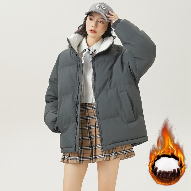 Unisex kabát s výplňou polyester-pamäť, korejského štýlu kardigán, voľný strih, zips, stojací golier, jednofarebný, teplý na zimu, podšívka polyester