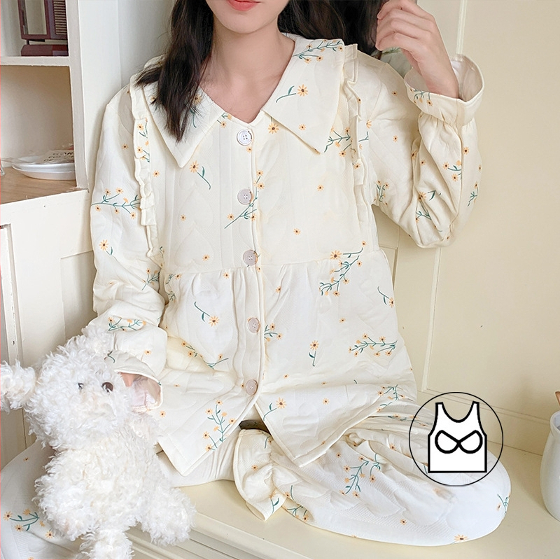 Jesenné–zimné tehotenské pyžamo z ľahkej bavlny s vankúšikmi na prsia, hrubší cardigan, dvojdielny set