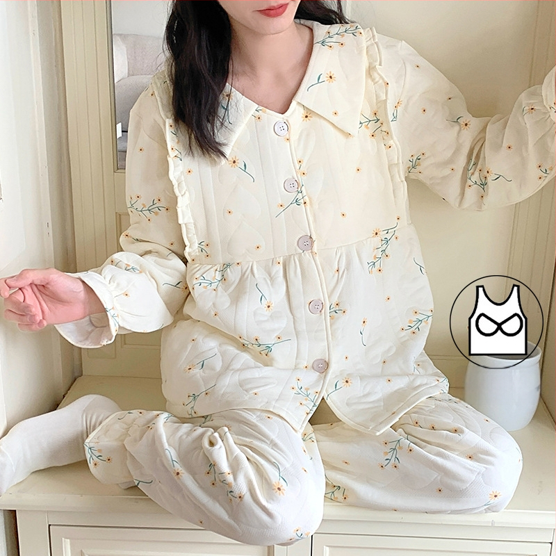 Jesenné–zimné tehotenské pyžamo z ľahkej bavlny s vankúšikmi na prsia, hrubší cardigan, dvojdielny set