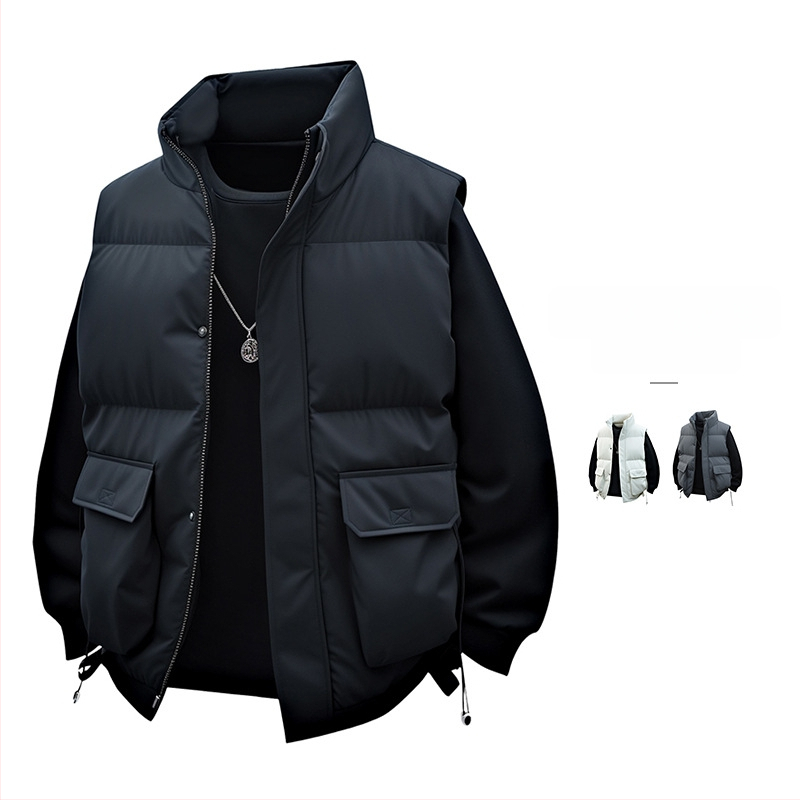 Pánska hrubá bavlnená vesta so stojacim golierom, voľný strih, bez kapucne, 3D patch kapsy