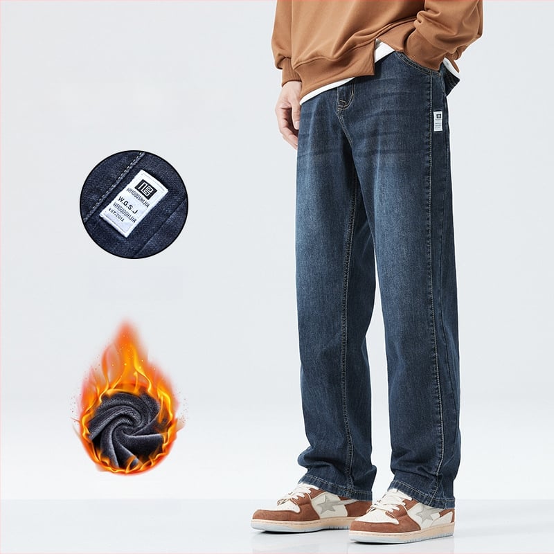 Pánske riflové nohavice s fleecovou podšívkou na zimu 2025, rovný strih, stredný pás, bavlno-polyesterová zmes s jemnou pružnosťou