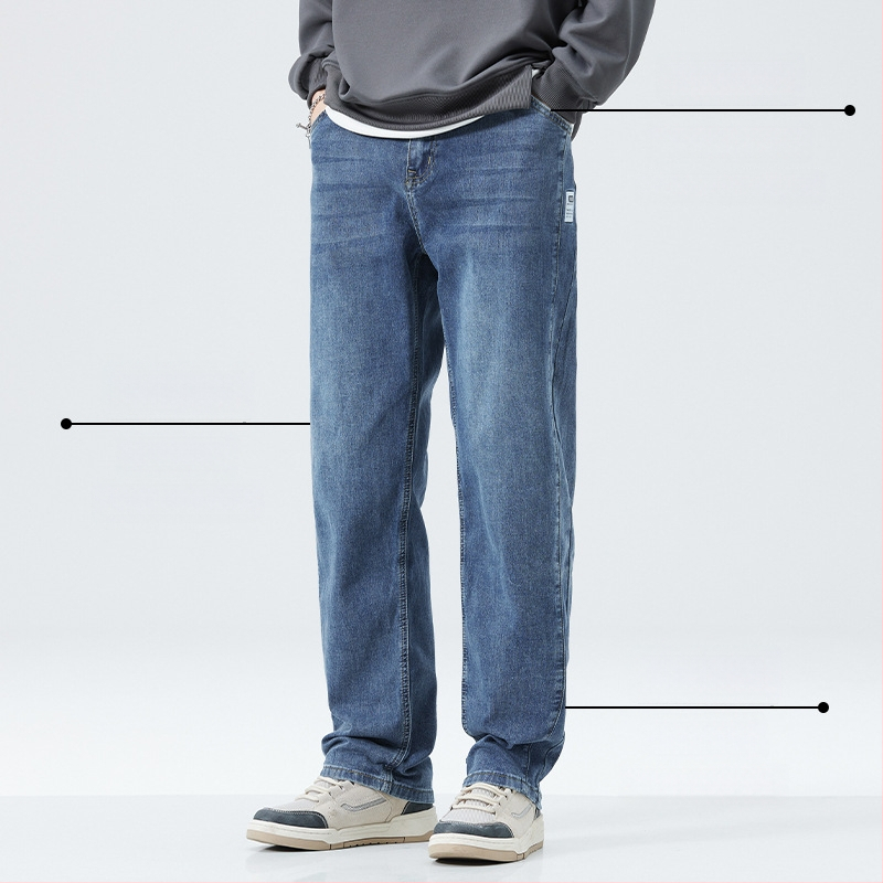 Pánske riflové nohavice s fleecovou podšívkou na zimu 2025, rovný strih, stredný pás, bavlno-polyesterová zmes s jemnou pružnosťou