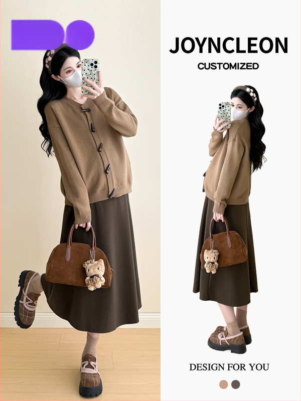 Tehotenský kostým s midi sukňou, dlhé rukávy, pletený materiál z polyesteru a bavlny (50–70% polyester, do 30% bavlny), jeseň 2025, japonsko-kórejský voľný štýl