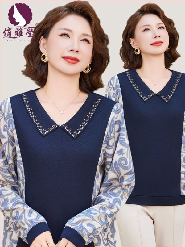 Dámsky top s golierom, kvetinový patchwork, dlhé rukávy, polyester