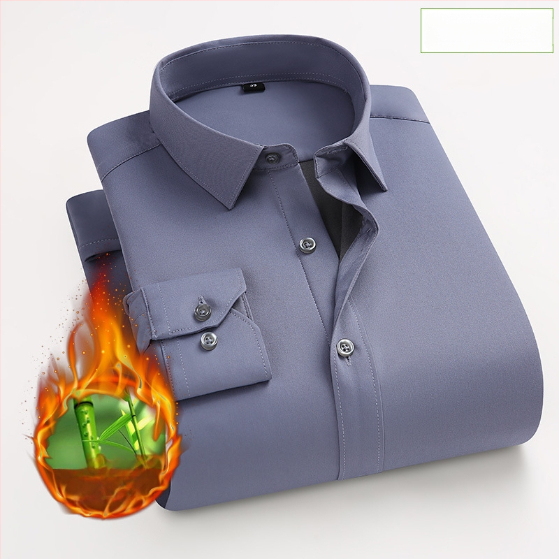 Košeľa zo bambusového vlákna, hrubý fleece pre teplo, úzky strih, dlhé rukávy, golier s preklopom