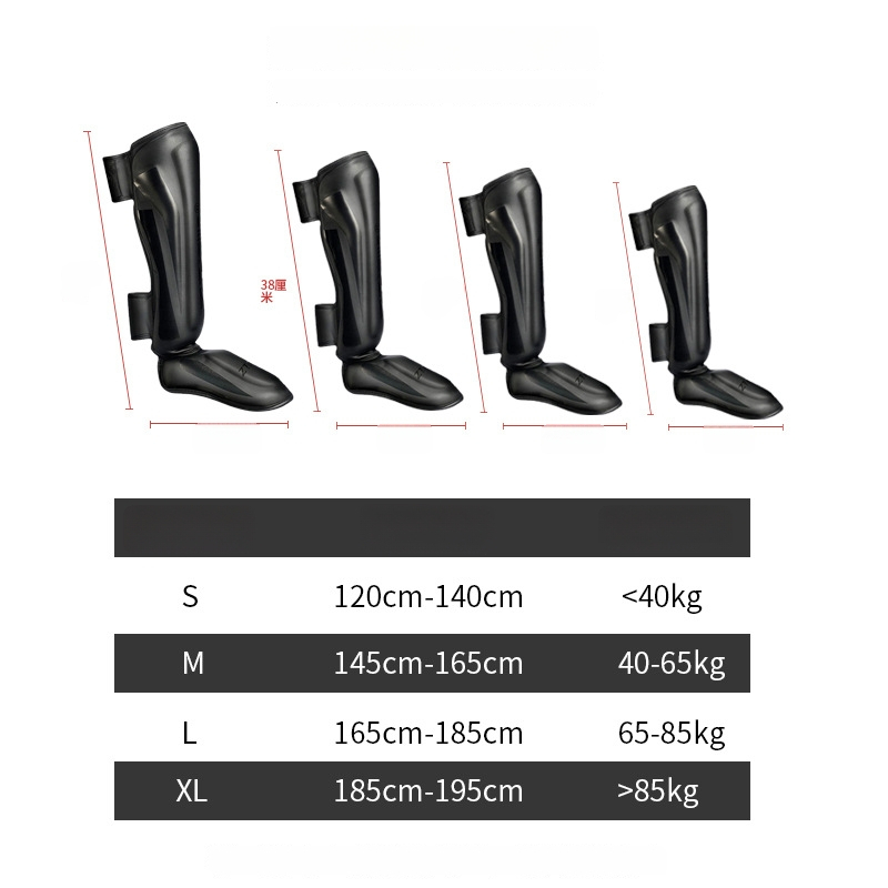 Chrániče holene Muay Thai, Sanda a boxu s priloženou obuvou — PU, vysoká pena, vertikálny štýl, profesionálna ochrana