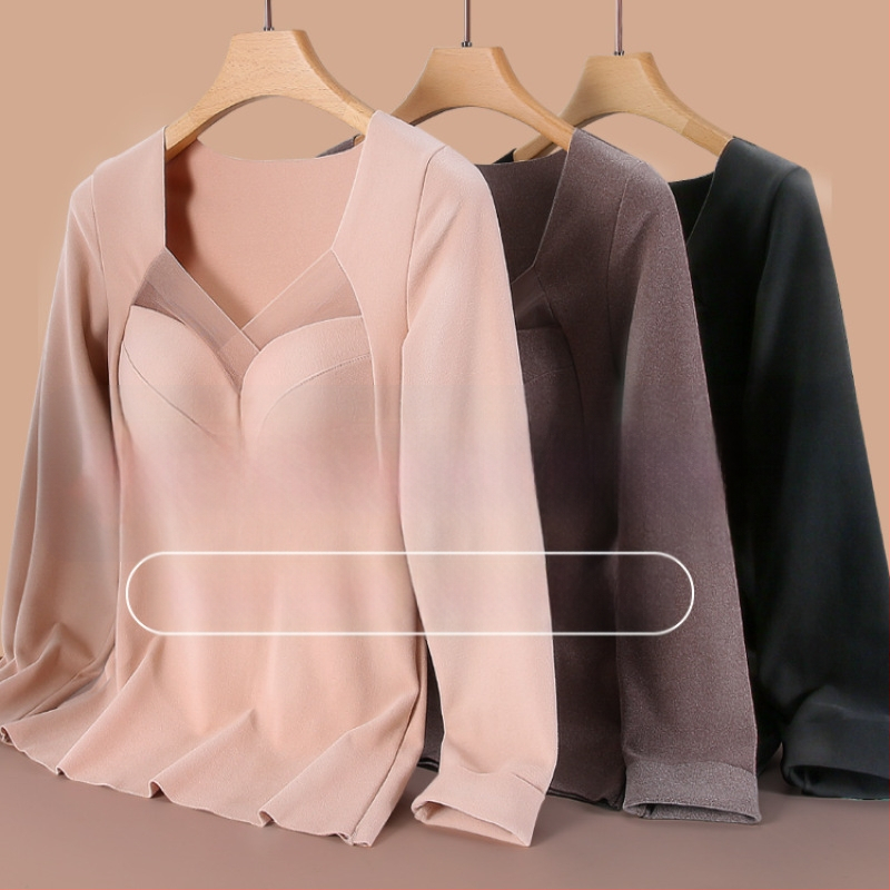 Termálne horné tielko pre ženy s výplňou na poprsie, V-krk, dlhé rukávy, De Velvet akryl, mimoriadne hrubý materiál