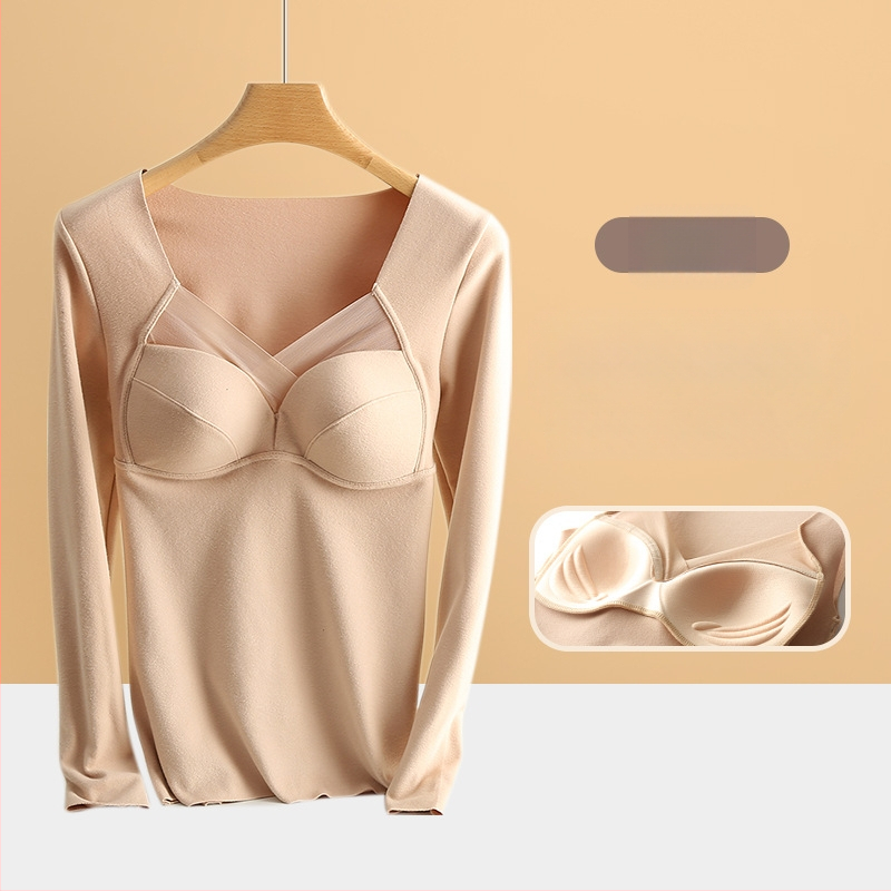 Termálne horné tielko pre ženy s výplňou na poprsie, V-krk, dlhé rukávy, De Velvet akryl, mimoriadne hrubý materiál