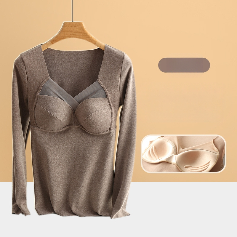 Termálne horné tielko pre ženy s výplňou na poprsie, V-krk, dlhé rukávy, De Velvet akryl, mimoriadne hrubý materiál