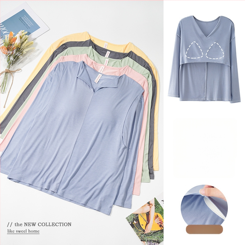 Modalový top na dojčenie s vložkou na prsník, dlhý rukáv, výstrih do V, 95% viskóza 5% spandex