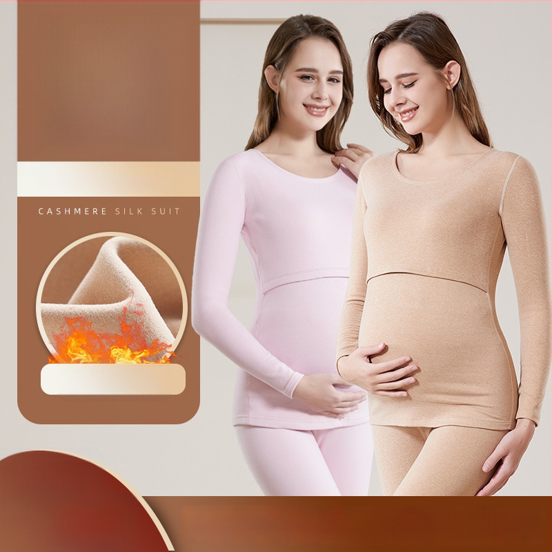 Maternitné termálne spodné prádlo s otvorom na dojčenie, kašmírová tkanina s polyestrom a viskozou, top s dlhým rukávom a dlhé nohavice, zima 2023