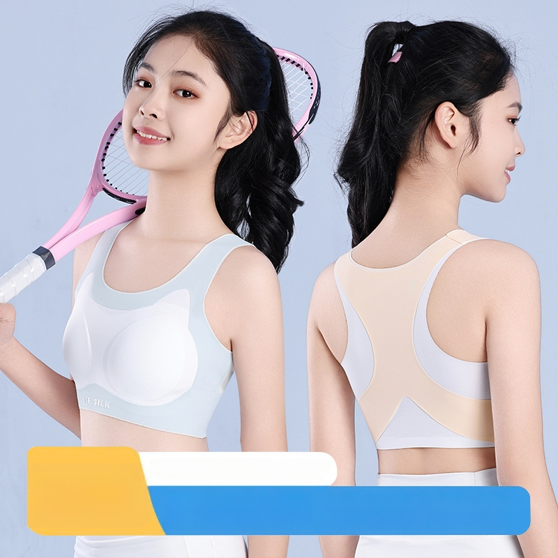 Nylonová podprsenka pre tínedžerky s bezšvovým zadným krížovým pásom – priedušná a odvádzajúca vlhkosť, plný košíček, tenký tvarovaný košíček, pevné dvojité ramienka