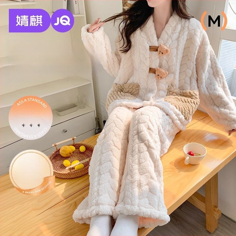 Set pyžam pre tehotné a dojčiace, hrubý fleece, dlhé rukávy, dlhé nohavice, francúzsky štýl